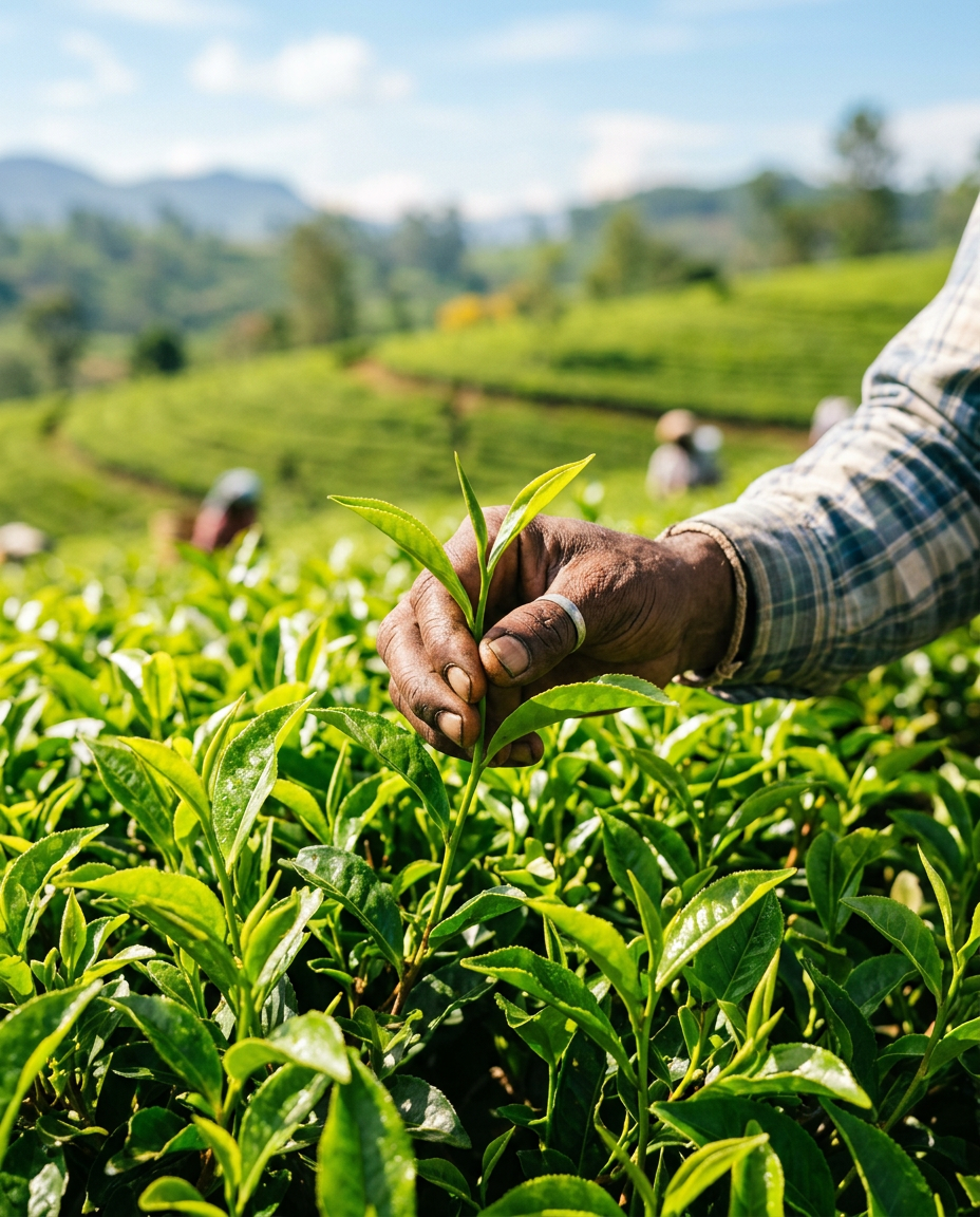 Hand plucking fresh tea leaves in a Ceylon tea garden