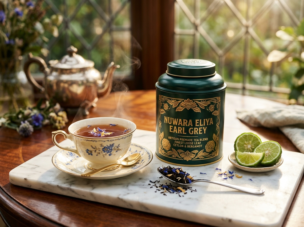 Nuwara Eliya Earl Grey Deluxe blend tin with blue cornflowers and bergamot
