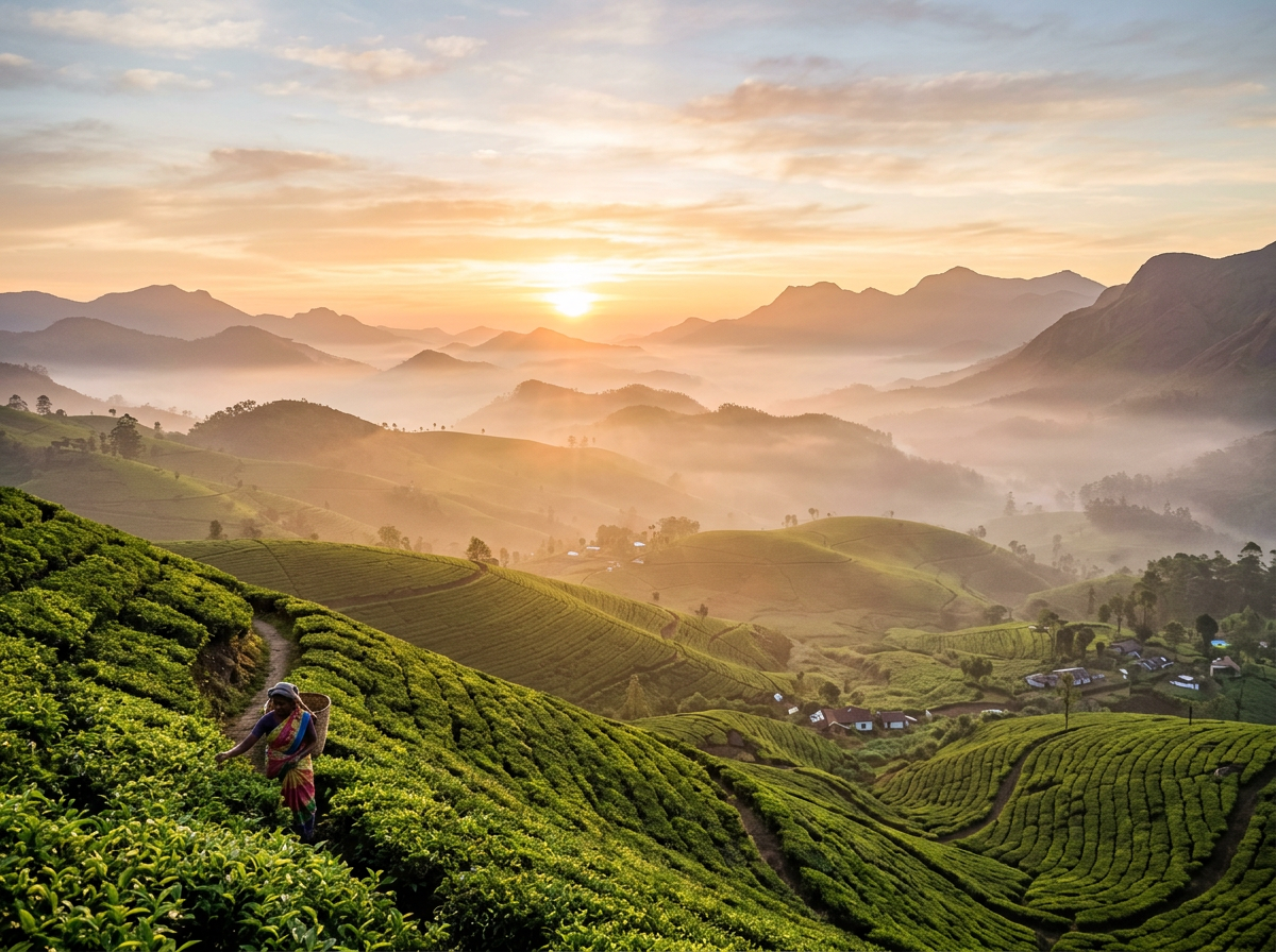 Sunrise over misty Ceylon tea hills