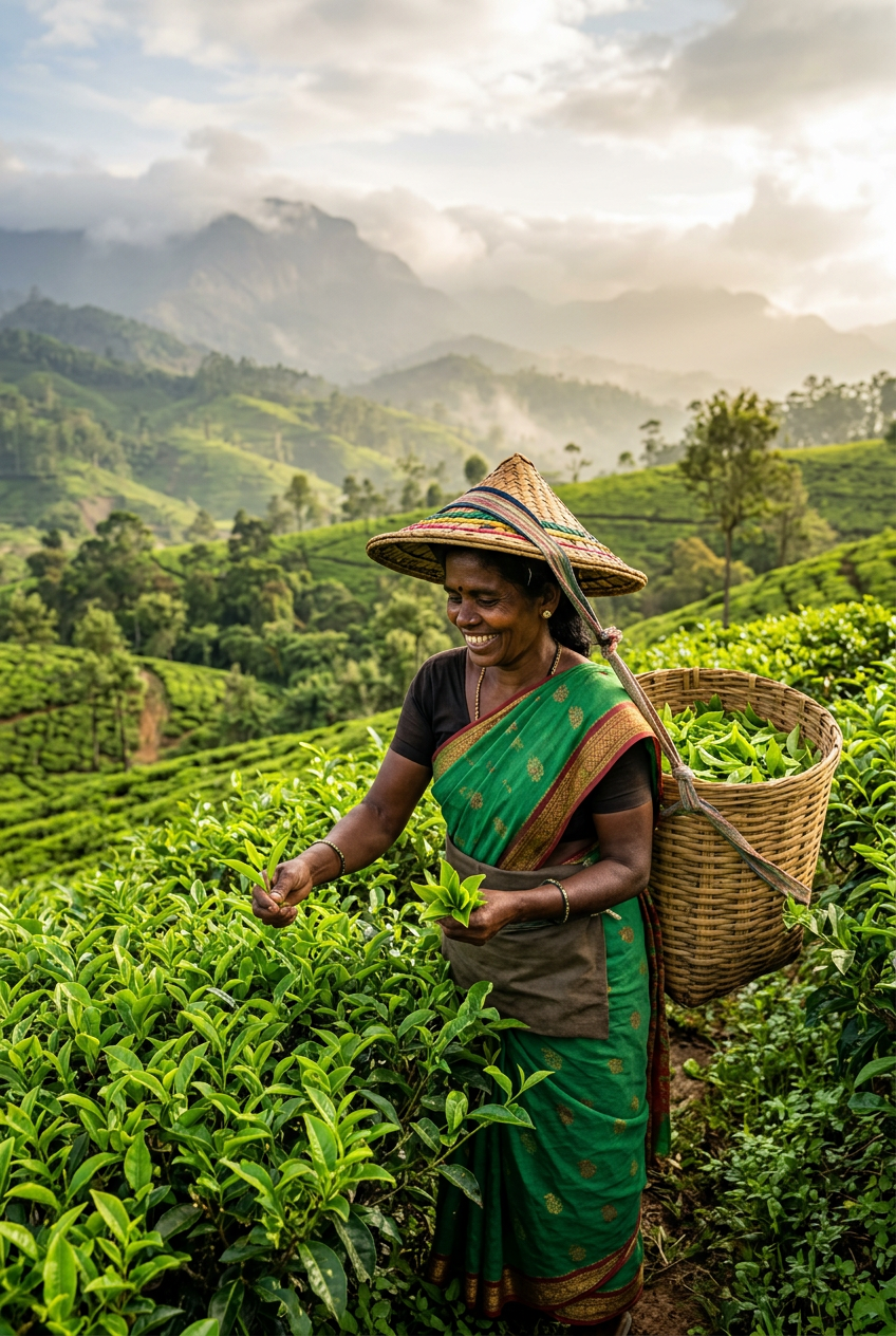 Tea plucker harvesting leaves in a lush plantation