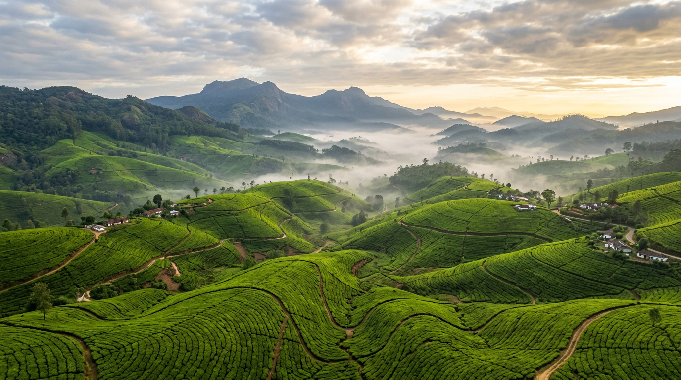 Lush green tea estate terraces bathed in morning sunlight